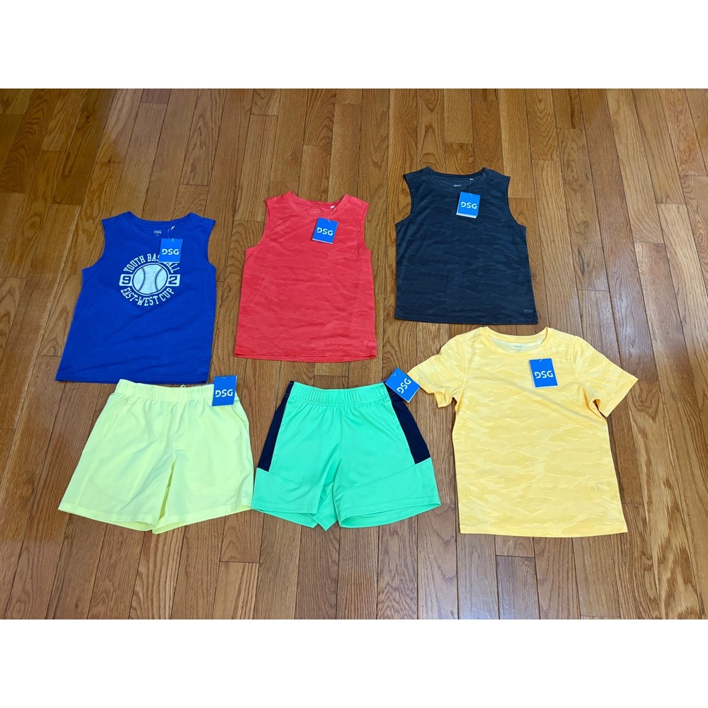 DSG Boys XS Activewear Bundle 6pc Shorts Tanks Tee Blue Red Lime Camo NWT